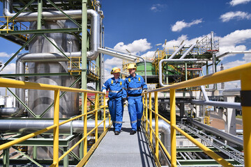 Operations personnel inspecting petroleum equipment from a raised access platform