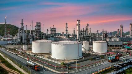 Petroleum storage tanks and terminal infrastructure beside a marine industrial area
