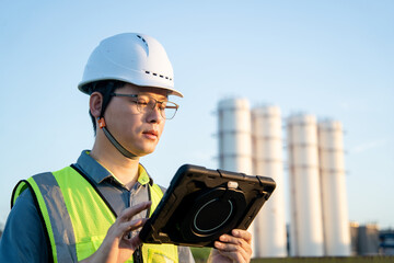 Terminal engineer using a digital tablet during an infrastructure inspection