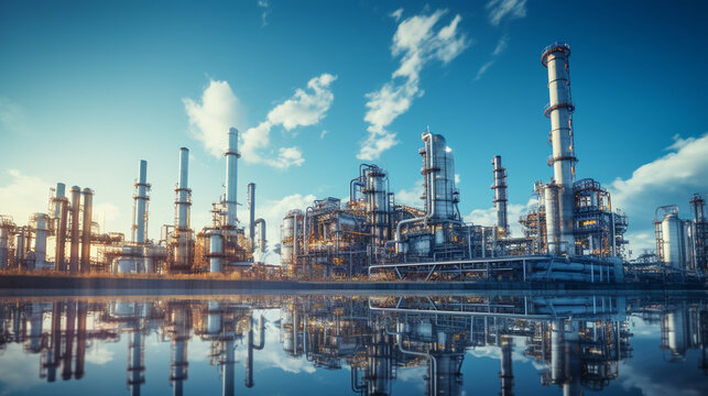 Petroleum terminal and refinery reflected across coastal water