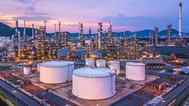 Aoshan Oil Terminal petroleum storage tanks and refinery infrastructure at dusk