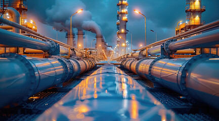 Petroleum pipelines extending through a refinery terminal at sunset