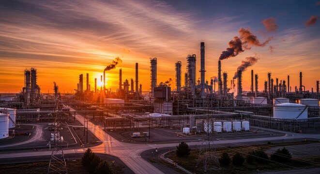 Large petroleum refinery and storage terminal at sunset